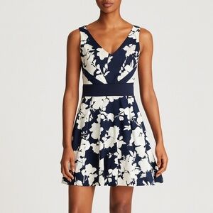 Chaps Floral Navy and White V-Neck Bodice Bust Fit & Flare Pleated Skirt Dress 4